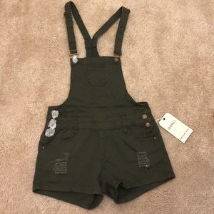 Olive Green Distressed Overall Shorts